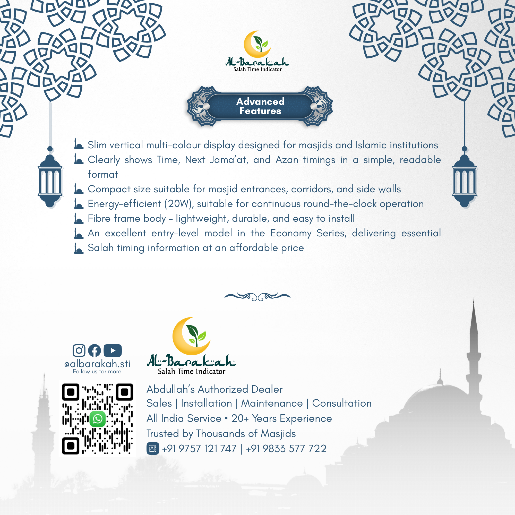 mosque azan indicator display, slim masjid timing clock, mosque vertical prayer display