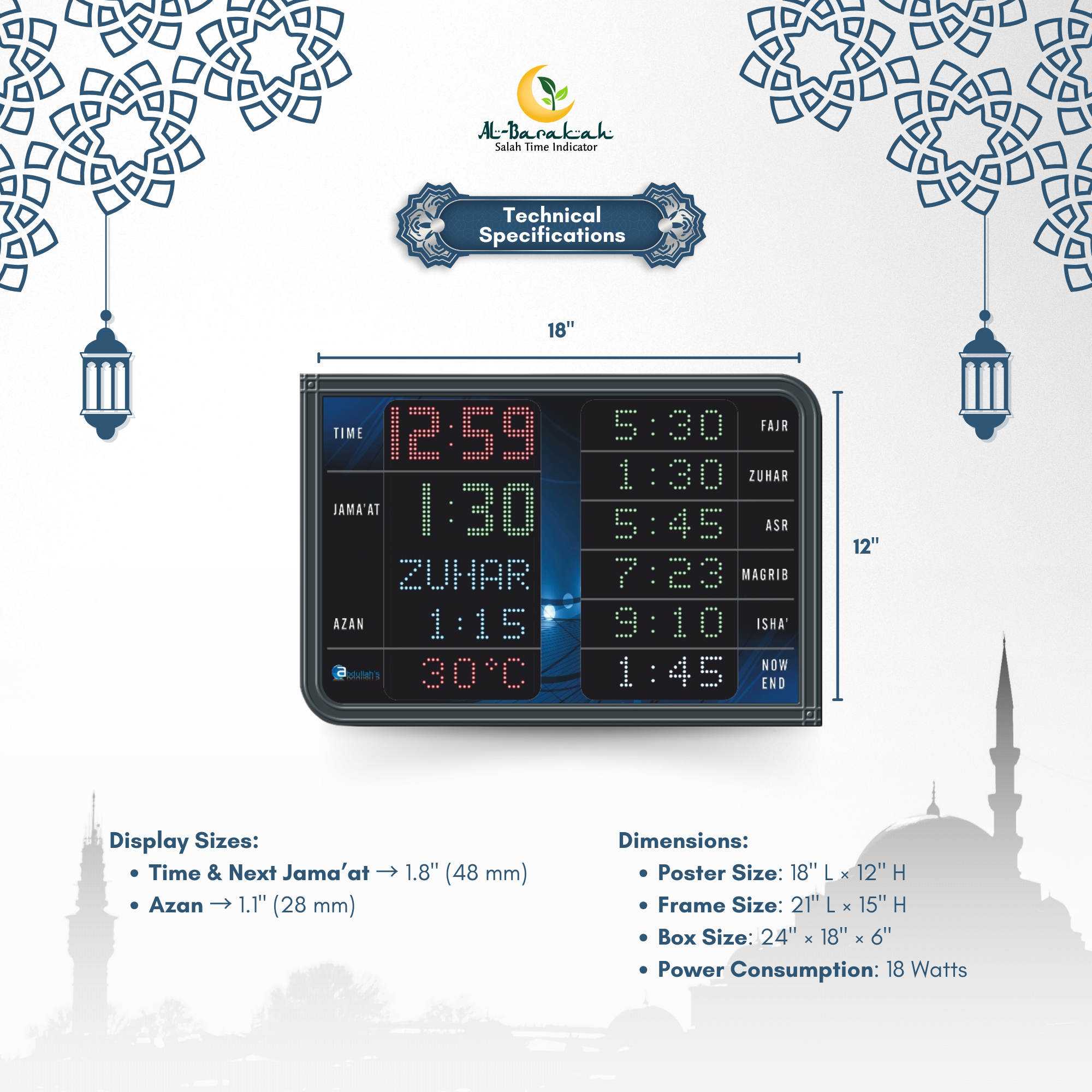 compact azan timing display, prayer time clock for madrassa, mosque mini namaz timing board
