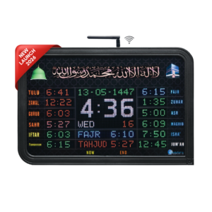 Salaah Time Indicator – P2-C1 B18, compact masjid digital clock, horizontal salah time display, small masjid azan clock
