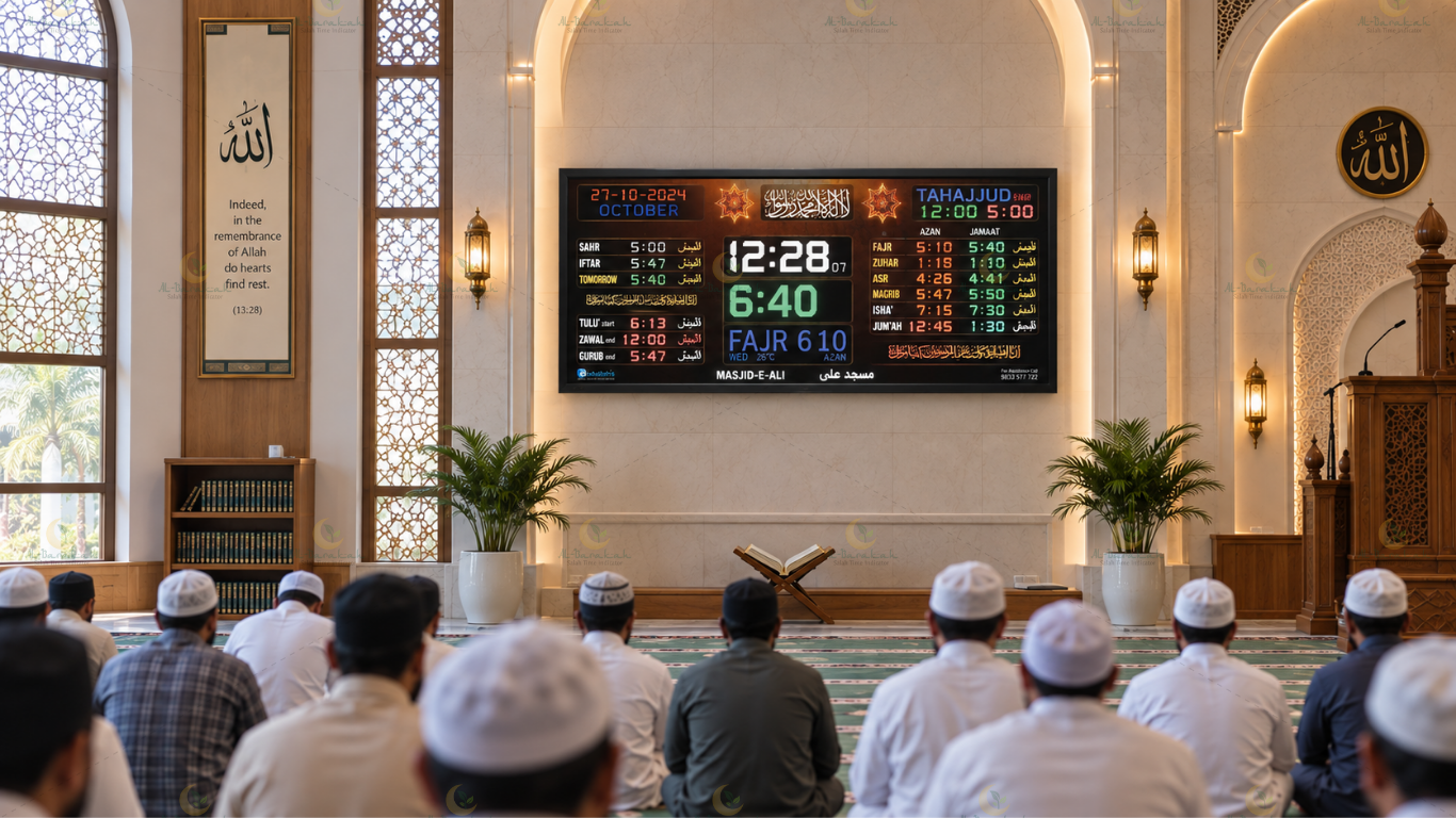 Salah Time Indicator visible from the back of a large masjid prayer hall